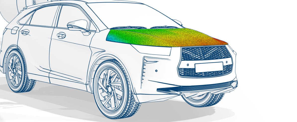 Everyday civilian car showing an impact test optical strain map on the hood