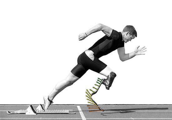 Athlete using a prosthetic leg measurement showing displacement in six degrees of freedom