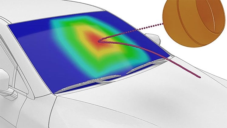 A 3D strain map of a car windshield impact test trajectory using GOM correlate software