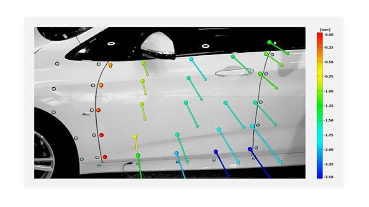 Gom Correlate software features velocity, acceleration, and displacement on a car door slam test