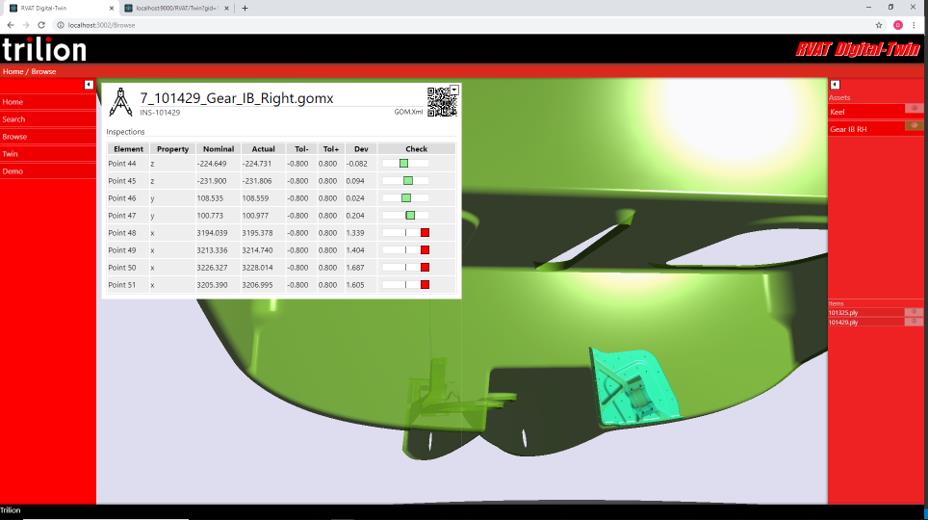 Real Time Virtual Assembly Tool Digital Twin Measurement Data of a complex Part