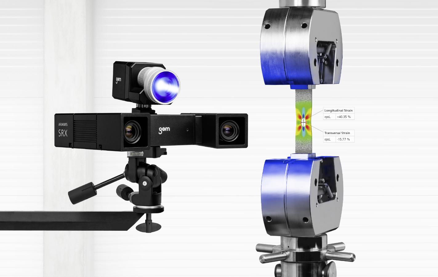 ARAMIS Optical strain gauge and extensometer with 3D strain map